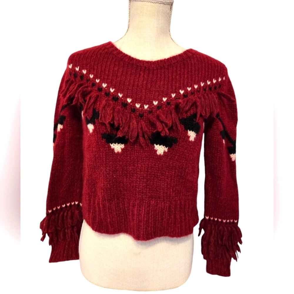 Love Shack Fancy Long Sleeve Crop Cable Knit Pullover Sweater Red Sz S Brat Y2k